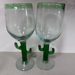 Mexican Hand Blown Glass Saguaro Cactus Goblets cactus 🌵🌵Set of 2